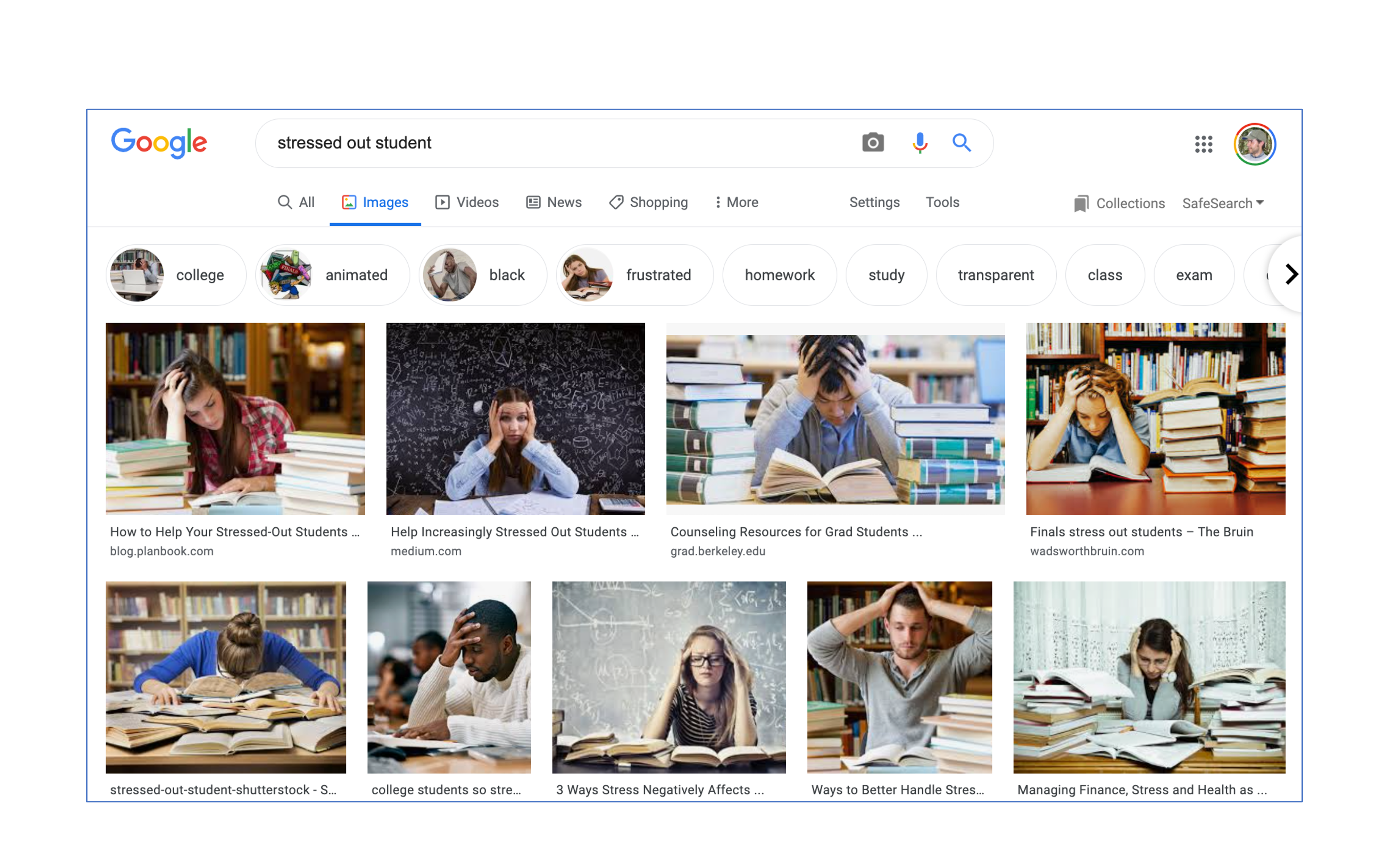 screenshot oif google image search results for 'stressed out students'.